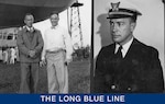 Left, LCDR Smith posing with noted Arctic explorer Lincoln Ellsworth in front of the Graf Zeppelin. (U.S. Coast Guard photo) Right, Official service photograph of LCDR Edward “Iceberg” Smith taken before the historic 1931 Graf Zeppelin Arctic expedition. (U.S. Coast Guard)