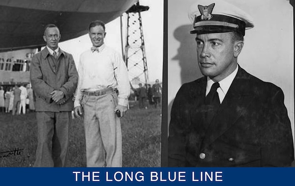 Left, LCDR Smith posing with noted Arctic explorer Lincoln Ellsworth in front of the Graf Zeppelin. (U.S. Coast Guard photo) Right, Official service photograph of LCDR Edward “Iceberg” Smith taken before the historic 1931 Graf Zeppelin Arctic expedition. (U.S. Coast Guard)