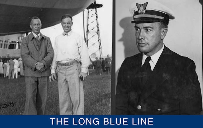 Left, LCDR Smith posing with noted Arctic explorer Lincoln Ellsworth in front of the Graf Zeppelin. (U.S. Coast Guard photo) Right, Official service photograph of LCDR Edward “Iceberg” Smith taken before the historic 1931 Graf Zeppelin Arctic expedition. (U.S. Coast Guard)