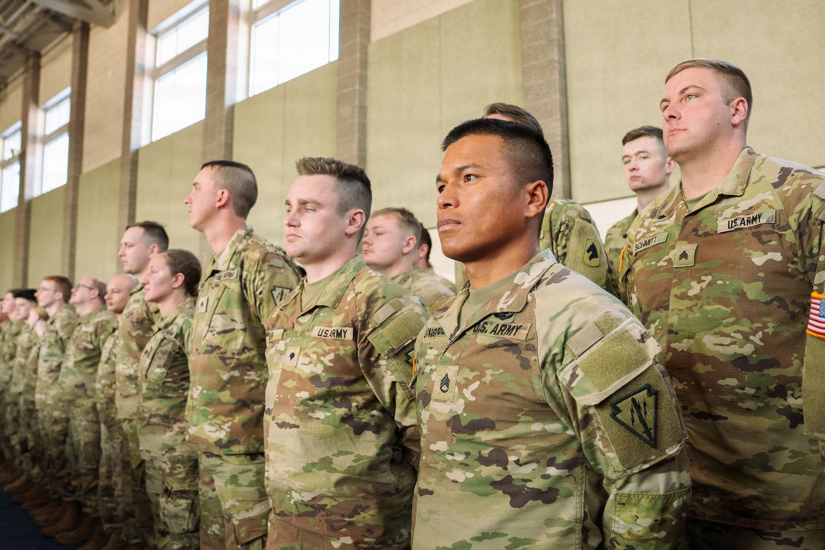 Indiana National Guard soldiers with 113th Engineer Battalion, based in Gary, Indiana, and assigned to Joint Task Force – District of Columbia, during a departure ceremony in Franklin, Indiana, Dec. 5, 2025.