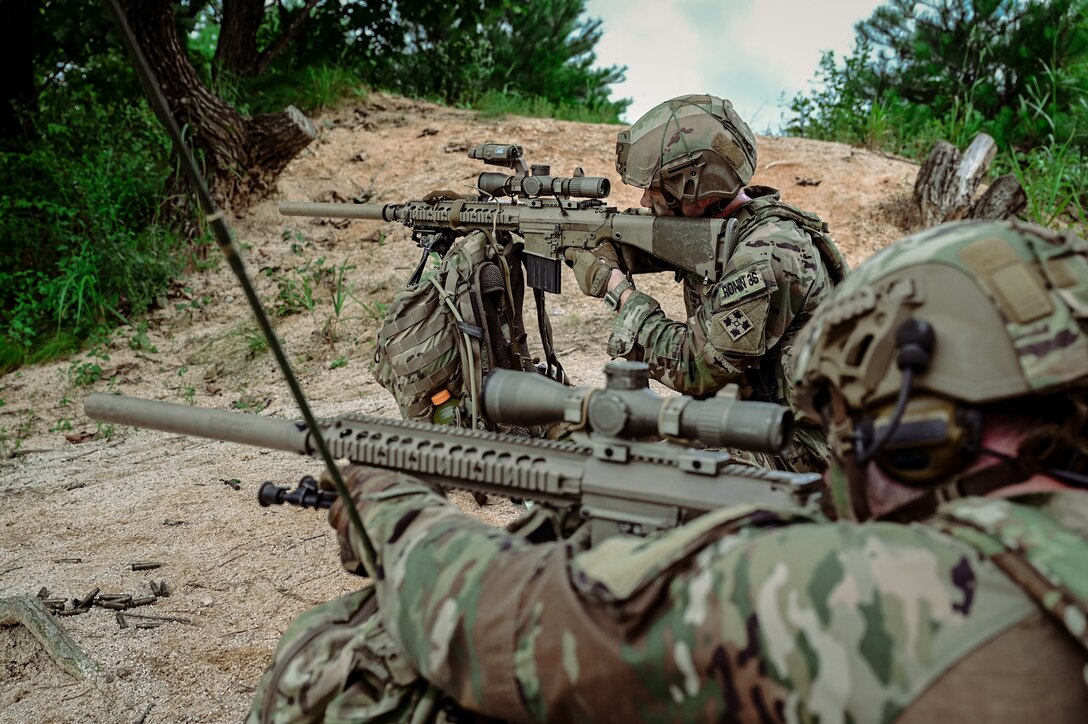Snipers from 2nd Battalion, 23rd Infantry Regiment, 1st Stryker Brigade Combat Team, 4th Infantry Division, engage targets with M110 sniper rifles during a live-fire exercise at Rodriguez Live Fire Range, Republic of Korea, Aug. 20, 2025.