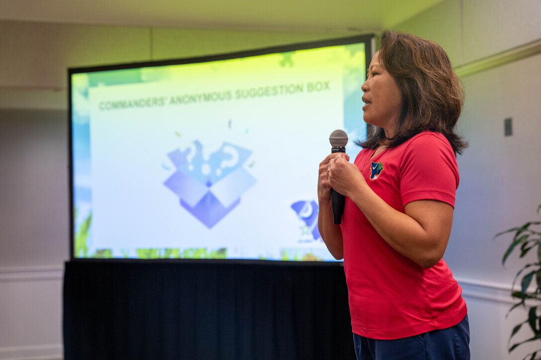 Emily Russell, an occupational health registered nurse (RN) with the U.S. Army Corps of Engineers (USACE) Charleston District speaks about health during a town hall.