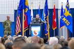 Col. Ronald Selvidge, commander of the 134th Air Refueling Wing, speaks during a ceremony at McGhee Tyson Air National Guard Base, Knoxville, Tennessee, Dec. 7, 2025. The ceremony was held to announce the decision to home the KC-46A Pegasus at the 134th Air Refueling Wing. The next-generation aircraft provides a significant increase in global reach, readiness and resilience. Photo by Tech. Sgt. Cassandra Johnson.