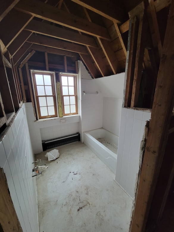 The U.S. Army Corps of Engineers, Louisville District renovates a bathroom in of one of the general quarters in the "Brick Quarters" Historic District, Oct. 10, 2025 at Wright-Patterson Air Force Base in Dayton, Ohio.

Modern standards are incorporated with preservation techniques to ensure the historic character of the 1930s Tudor Revival architecture homes.