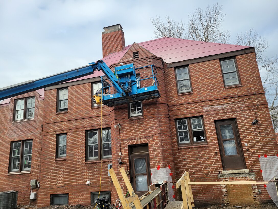 The U.S. Army Corps of Engineers, Louisville District renovates the exterior and roof of one of the general quarters in the "Brick Quarters" Historic District, Oct. 10, 2025 at Wright-Patterson Air Force Base in Dayton, Ohio.

Modern standards are incorporated with preservation techniques to ensure the historic character of the 1930s Tudor Revival architecture homes.