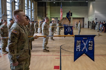 Illinois Army National Guard Soldiers of the 1st Battalion, 178th Infantry Regiment, present the colors during the playing of the national anthem.