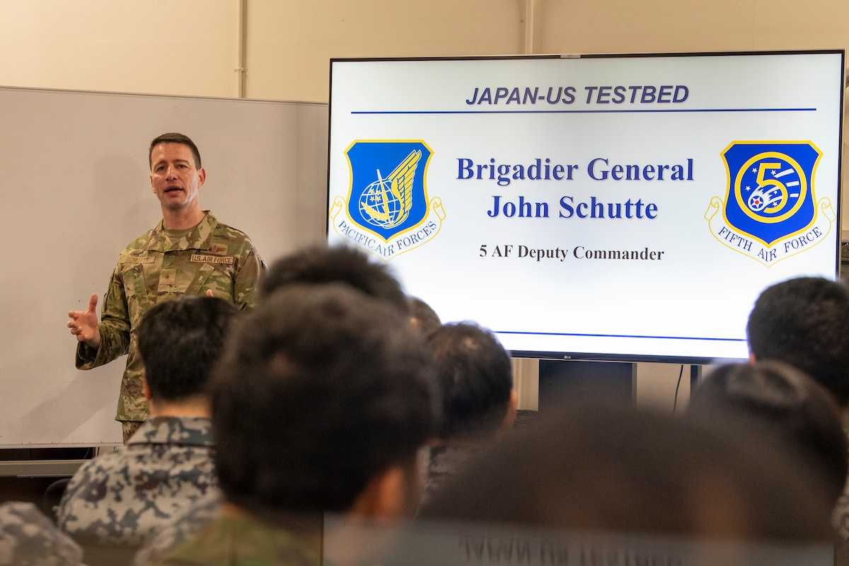 U.S. Air Force Brig. Gen. John Schutte, Fifth Air Force deputy commander, provides opening remarks on day one of the Japan-U.S. Testbed exercise.