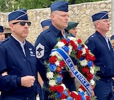 U.S. Air Force Chief Master Sgt. Frank Rawls, Air Force Recruiting Service carries a wreath during the 103rd Annual Pilgrimage to the Alamo in San Antonio, Texas, April 24, 2023