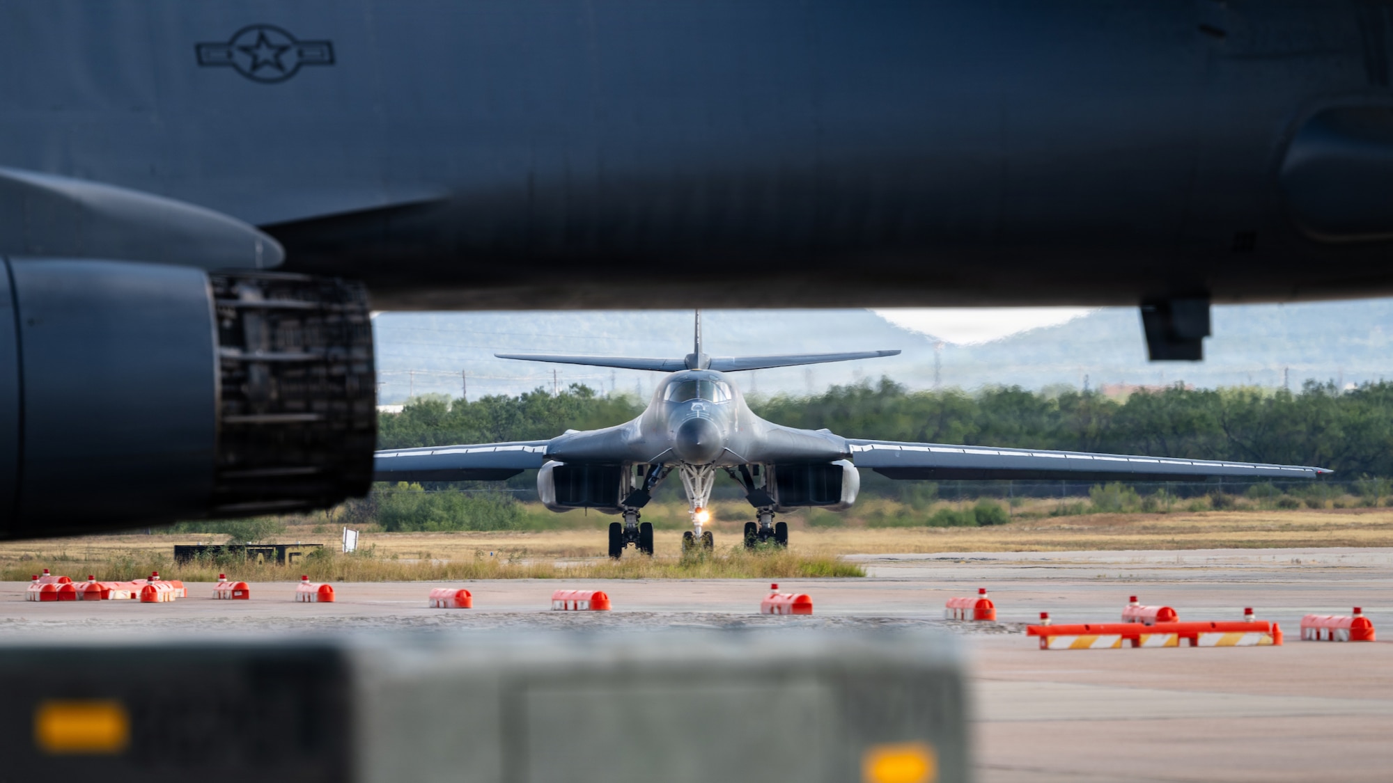 A B-1B Lancer assigned to the 9th Bomb Squadron taxis on the flightline 