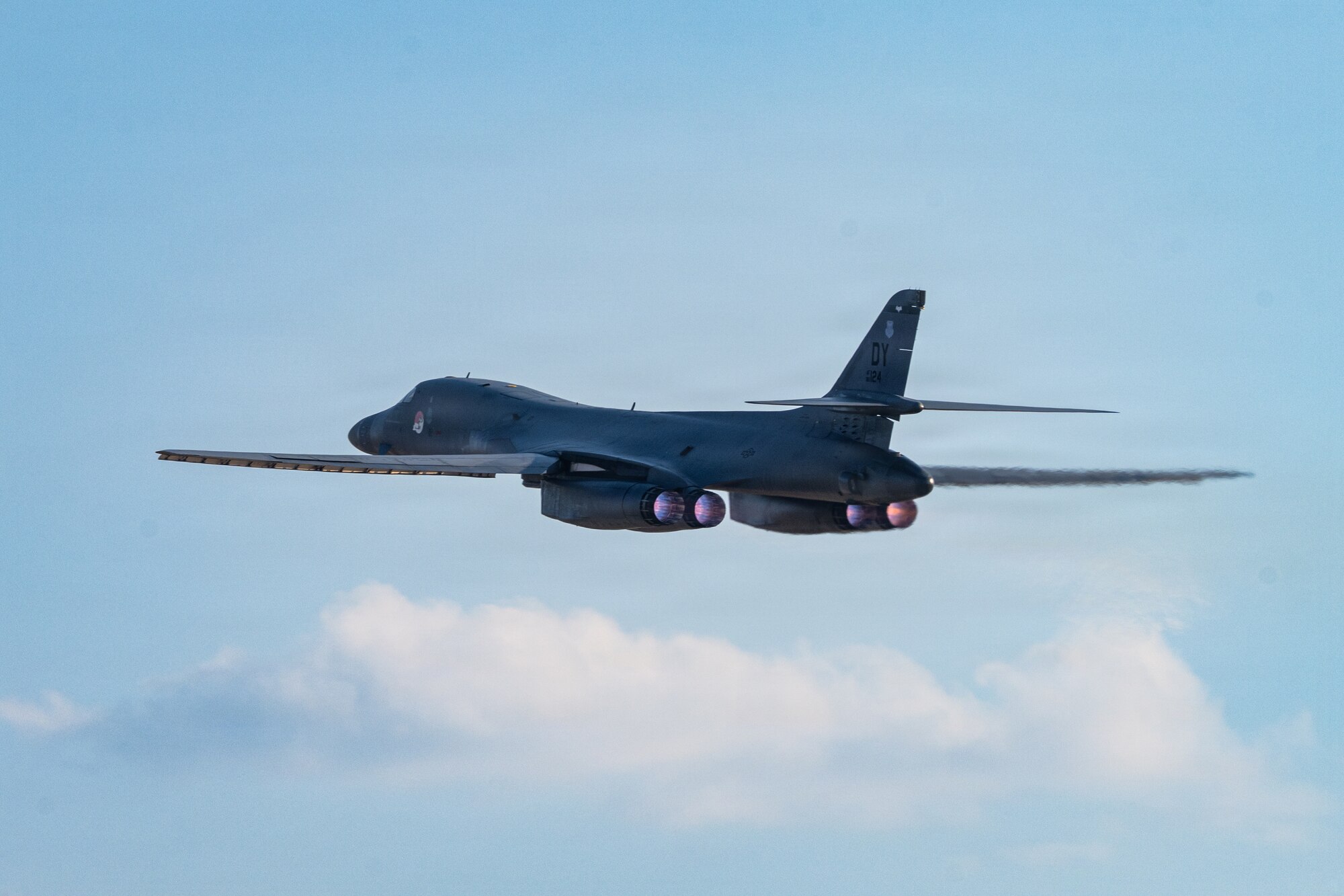 A U.S. Air Force B-1B Lancer assigned to the 9th Bomb Squadron departs for a routine training flight at Dyess Air Force Base, Texas, Sept. 15, 2025. The B-1B’s substantial payload, excellent radar targeting system, long loiter time and survivability make it a key element of any joint or composite strike force. (U.S. Air Force photo by Senior Airman Jade M. Caldwell)