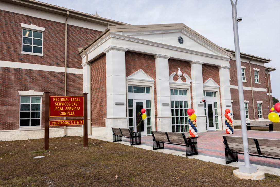 The Regional Law Center East Legal Services Complex is located on Holcomb Boulevard, Marine Corps Base (MCB) Camp Lejeune, North Carolina, Dec. 4, 2025. The new regional law center marks a major modernization effort that improves operational efficiency by housing legal support functions in one building and restores legal capabilities displaced by Hurricane Florence across MCB Camp Lejeune. (U.S. Marine Corps photo by Cpl. Daniela Chicas Torres)
