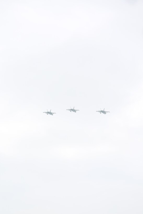 U.S. Marine Corps F/A-18 pilots with Fighter Attack Squadron-112, 4th Marine Aircraft Wing, conduct a flyover for the funeral of Lt. Gen. John H. Miller (ret.), Aggie field of Honor Memorial Cemetery, Dec. 5, 2025. Lt. Gen. Miller (ret.), highly decorated Marine, served loyally for nearly four decades in the United States Marine Corps. He began his career in 1943, enlisting in the Marine Corps Reserve, attended and commissioned as a Marine Corps officer out of Texas A&M and retired as a Lt. Gen., serving in three different wars.  He served valiantly earning a Bronze Star Medal and the Purple Heart Medal among other military awards. (U.S. Marine Corps photos by LCpl. Donnell Brown)