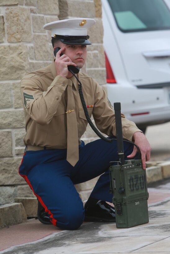 U.S. Marine Corps Cpl. Dalton Wynas radios in F/A-18 pilots assigned to Marine Fighter Attack Squadron-112, 4th Marine Aircraft Wing, for the funeral of Lt. Gen. John H. Miller. (ret.), Aggie Field of Honor & Memorial Cemetery, Dec. 5, 2025. Lt. Gen. John H. Miller (ret.), highly decorated Marine, served loyally for nearly four decades in the United States Marine Corps. He began his career in 1943, enlisting in the Marine Corps Reserve, attended and commissioned as a Marine Corps officer out of Texas A&M and retired as a Lt. Gen., serving in three different wars.  He served valiantly earning a Bronze Star Medal and the Purple Heart Medal among other military awards. (U.S. Marine Corps photos by LCpl. Donnell Brown)