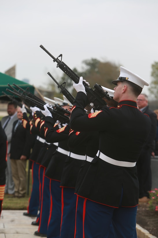 United States Marines render a 21-gun salute in sight of friends and family during the funeral of Lt. Gen. John H. Miller (ret.), Aggie Field of Honor & Memorial Cemetery, College Station, Texas, Dec. 5, 2025.  Lt. Gen. Miller (ret.), highly decorated Marine, served loyally for nearly four decades in the United States Marine Corps. He began his career in 1943, enlisting in the Marine Corps Reserve, attended and commissioned as a Marine Corps officer out of Texas A&M and retired as a Lt. Gen., serving in three different wars.  He served valiantly earning a Bronze Star Medal and the Purple Heart Medal among other military awards. (U.S. Marine Corps photos by LCpl. Donnell Brown)