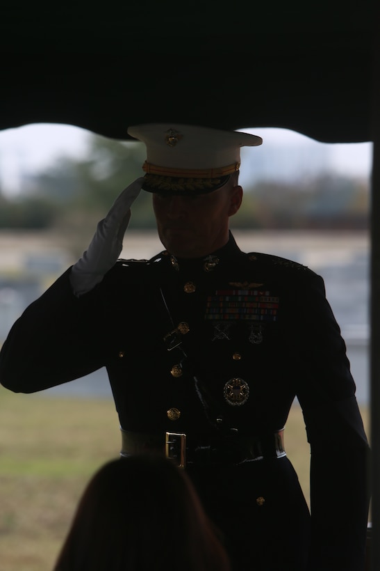 Marine Corps Lt. Gen. Leonard F. Anderson IV, commander, Marine Forces Reserve and Marine Forces South, salutes family of Marine Corps Lt. Gen. John H. Miller (ret.) during memorial service at Aggie Field of Honor & Memorial Cemetery, College Station, Texas, Dec. 5, 2025.  Lt. Gen. Miller (ret.), highly decorated Marine, served loyally for nearly four decades in the United States Marine Corps. He began his career in 1943, enlisting in the Marine Corps Reserve, attended and commissioned as a Marine Corps officer out of Texas A&M and retired as a Lt. Gen., serving in three different wars.  He served valiantly earning a Bronze Star Medal and the Purple Heart Medal among other military awards. (U.S. Marine Corps photos by LCpl. Donnell Brown)