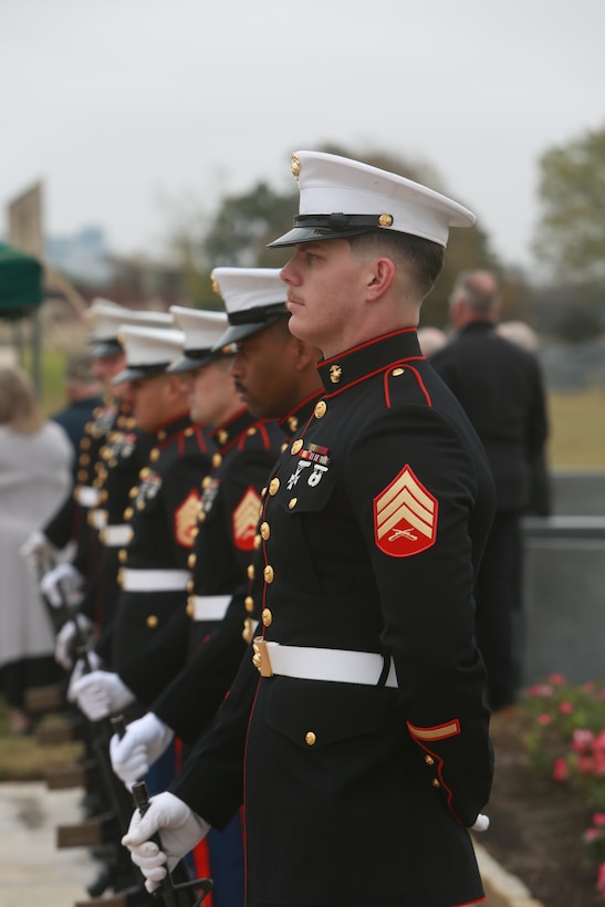 U.S. Marines pay final respects to deceased Lt. Gen. John H. Miller (ret.) at Aggie Field of Honor and Memorial Cemetery, College Station, Texas, Dec. 5, 2025. Lt. Gen. Miller (ret.), highly decorated Marine, served loyally for nearly four decades in the United States Marine Corps. He began his career in 1943, enlisting in the Marine Corps Reserve, attended and commissioned as a Marine Corps officer out of Texas A&M and retired as a Lt. Gen., serving in three different wars. He served valiantly earning a Bronze Star Medal and the Purple Heart Medal among other military awards. (U.S. Marine Corps photo by LCpl. Donnell Brown)