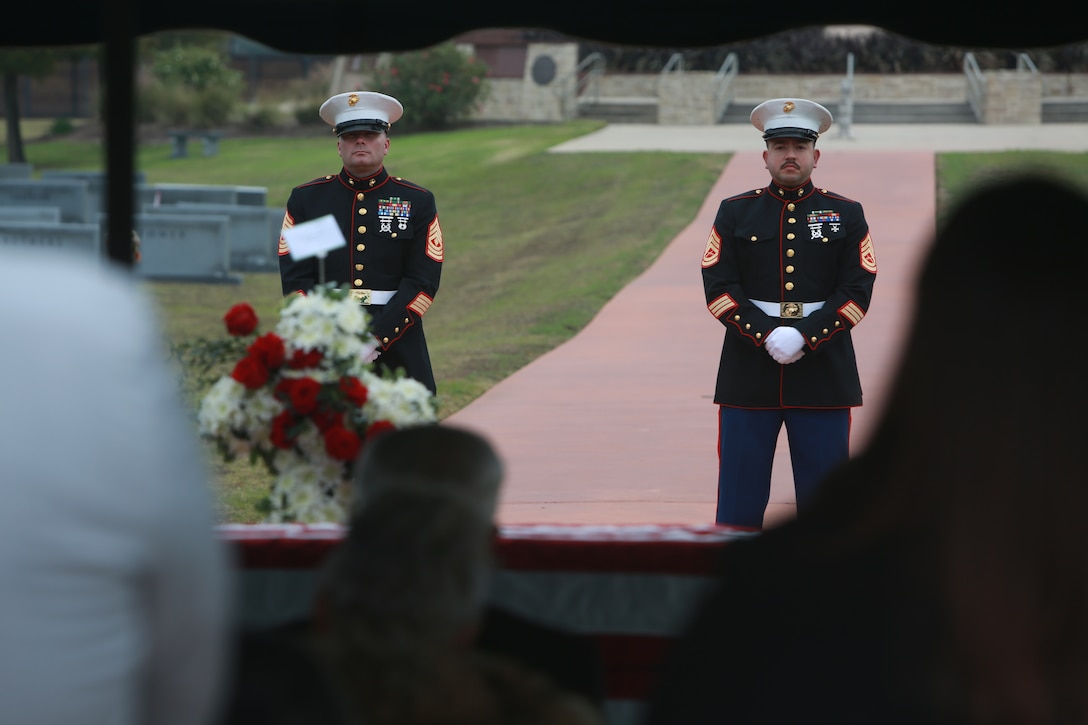 U.S. Marines assigned to Site Support Waco, 4th Distribution Support Battalion, attend the funeral of Lt. Gen. John H. Miller (ret.), Aggie Field of Honor & Memorial Cemetery, Dec. 5, 2025.  Lt. Gen. Miller (ret.), highly decorated Marine, served loyally for nearly four decades in the United States Marine Corps. He began his career in 1943, enlisting in the Marine Corps Reserve, attended and commissioned as a Marine Corps officer out of Texas A&M and retired as a Lt. Gen., serving in three different wars. He served valiantly earning a Bronze Star Medal and the Purple Heart Medal among other military awards. (U.S. Marine Corps photo by LCpl. Donnell Brown)