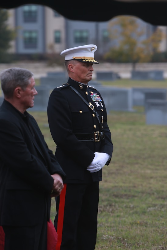 U.S. Marine Corps Lt. Gen. Leonard F. Anderson IV, commander, Marine Forces Reserve and Marine Forces South, pays his respects at the funeral of Lt. Gen. John H. Miller (ret.), Aggie Field of Honor & Memorial Cemetery, Dec. 5, 2025. Lt. Gen. Miller (ret.), highly decorated Marine, served loyally for nearly four decades in the United States Marine Corps. He began his career in 1943, enlisting in the Marine Corps Reserve, attended and commissioned as a Marine Corps officer out of Texas A&M and retired as a Lt. Gen., serving in three different wars. He served valiantly earning a Bronze Star Medal and the Purple Heart Medal among other military awards. (U.S. Marine Corps photo by LCpl. Donnell Brown)