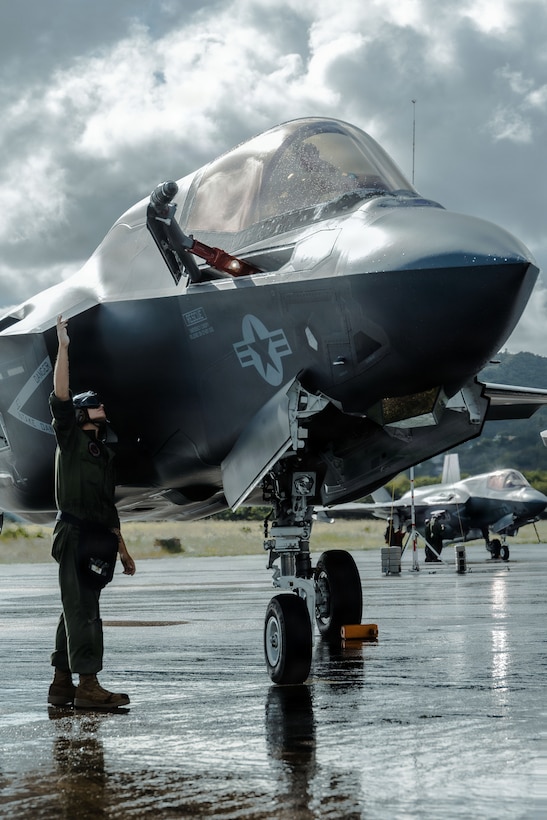 A U.S. Marine Corps plane captain with Marine Fighter Attack Squadron (VMFA) 225, U.S. Marine Corps Forces, South, inspects the refueling probe on a U.S. Marine Corps F-35B Lightning II assigned to VMFA-225 at Jose Aponte de la Torre Airport in Ceiba, Puerto Rico, Nov. 26, 2025. U.S. military forces are deployed to the Caribbean in support of the U.S. Southern Command mission, Department of War-directed operations, and the president’s priorities to disrupt illicit drug trafficking and protect the homeland. (U.S. Marine Corps photo)