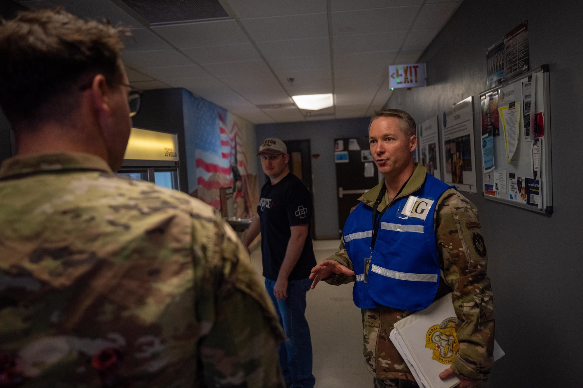 U.S. Air Force Chief Master Sgt. Ryan Smith, 7th Bomb Wing Inspector General superintendent, briefs participants on the sequence of events prior to an active shooter exercise at Dyess Air Force Base, Texas, Dec. 3, 2025. As evaluators, Wing Inspection Team members assess processes and performance to strengthen readiness and identify areas for improvement across the base. (U.S. Air Force photo by Airman 1st Class Adrien Tran)