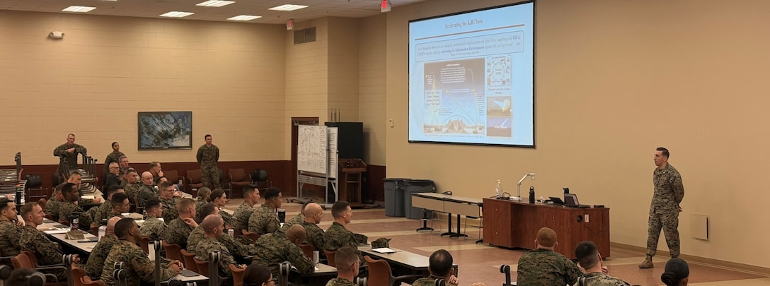 Marines from DCI brief TBS staff on unclassified processes used by the 17xx MOS field. Capabilities and pipelines are presented to the staff to better incorporate and prepare students interested in Influence. This PME betters the staff’s ability to brief and prepare students for what they will see during operations in the Fleet Marine Force.
