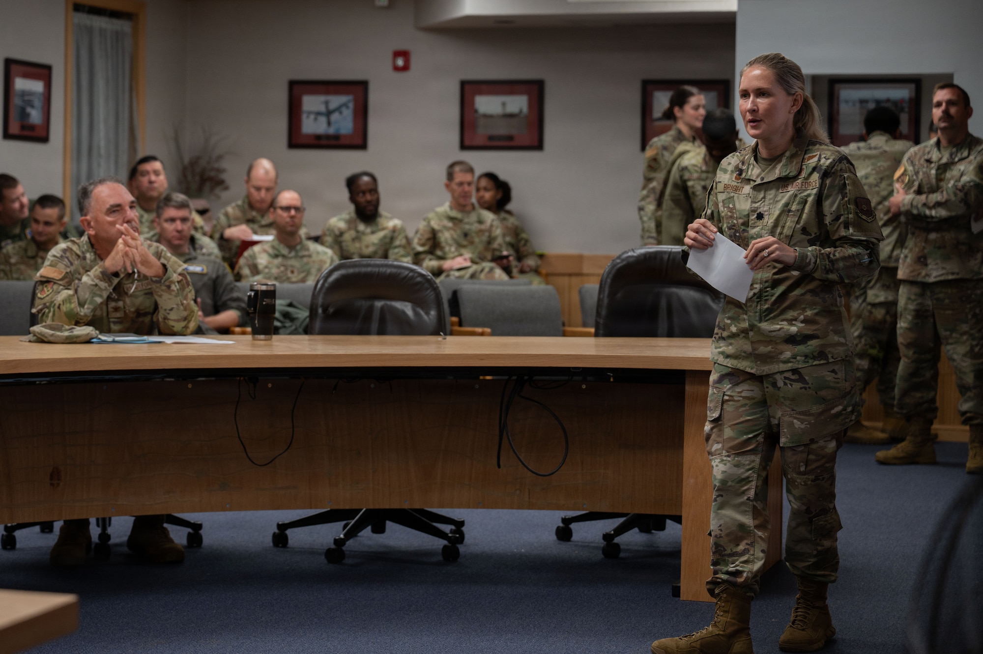 U.S. Air Force Lt. Col. Jessica Bright, 7th Operational Medical Readiness Squadron commander, delivers opening remarks during the Medical Readiness Symposium at Dyess Air Force Base, Texas, Oct. 28, 2025. The event was designed by the 7th Medical Group to strengthen understanding between commanders and 7th MDG providers, helping optimize Airmen’s health and readiness for deployments and daily mission demands. (U.S. Air Force photo by Senior Airman Alondra Cristobal Hernandez)