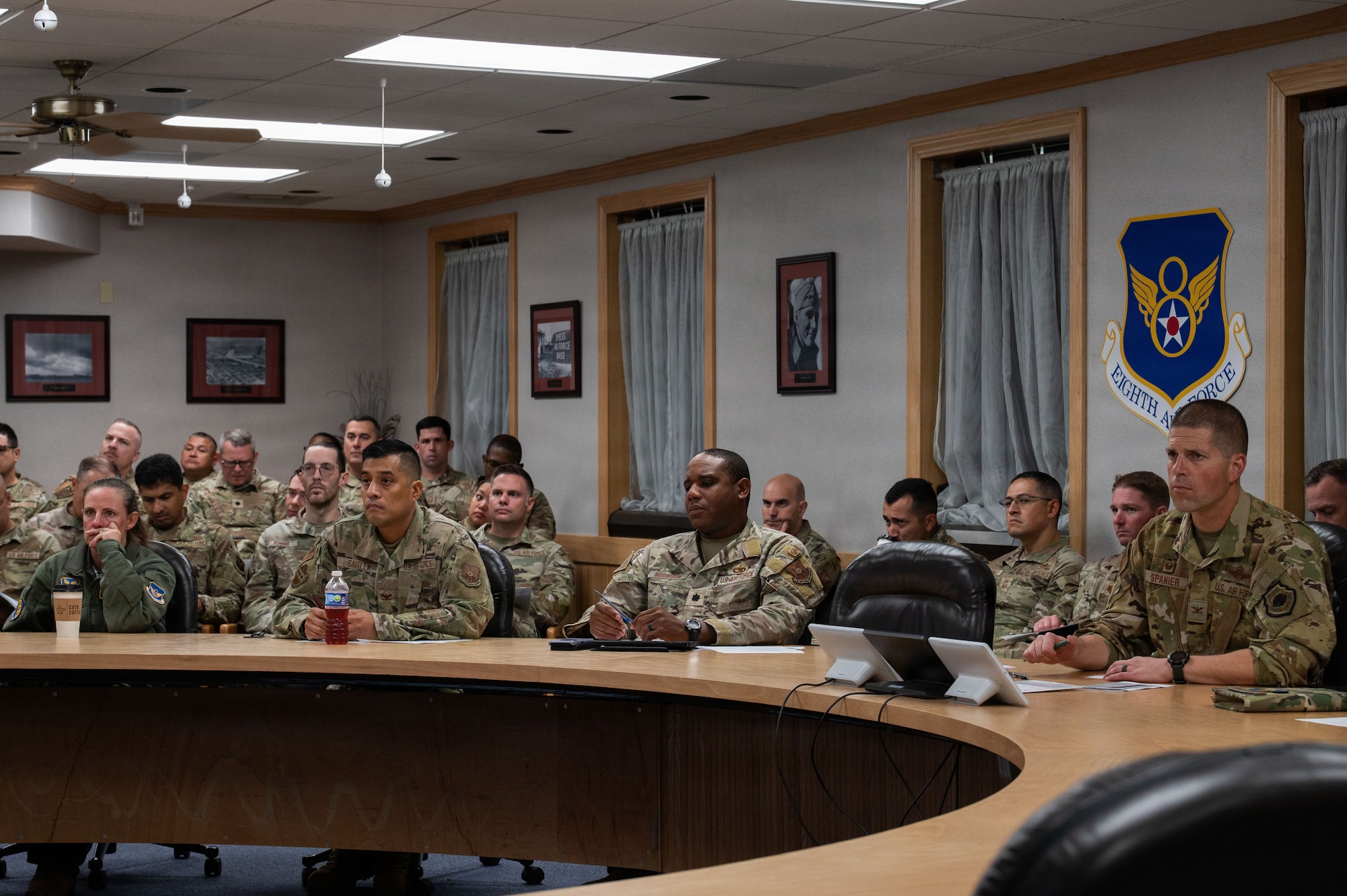 Dyess leadership listens during the Medical Readiness Symposium at Dyess Air Force Base, Texas, Oct. 28, 2025. The training event reinforces the commanders’ responsibility for the health, welfare and readiness of their units while strengthening collaboration with 7th Medical Group providers who support Airmen across the installation. (U.S. Air Force photo by Senior Airman Alondra Cristobal Hernandez)