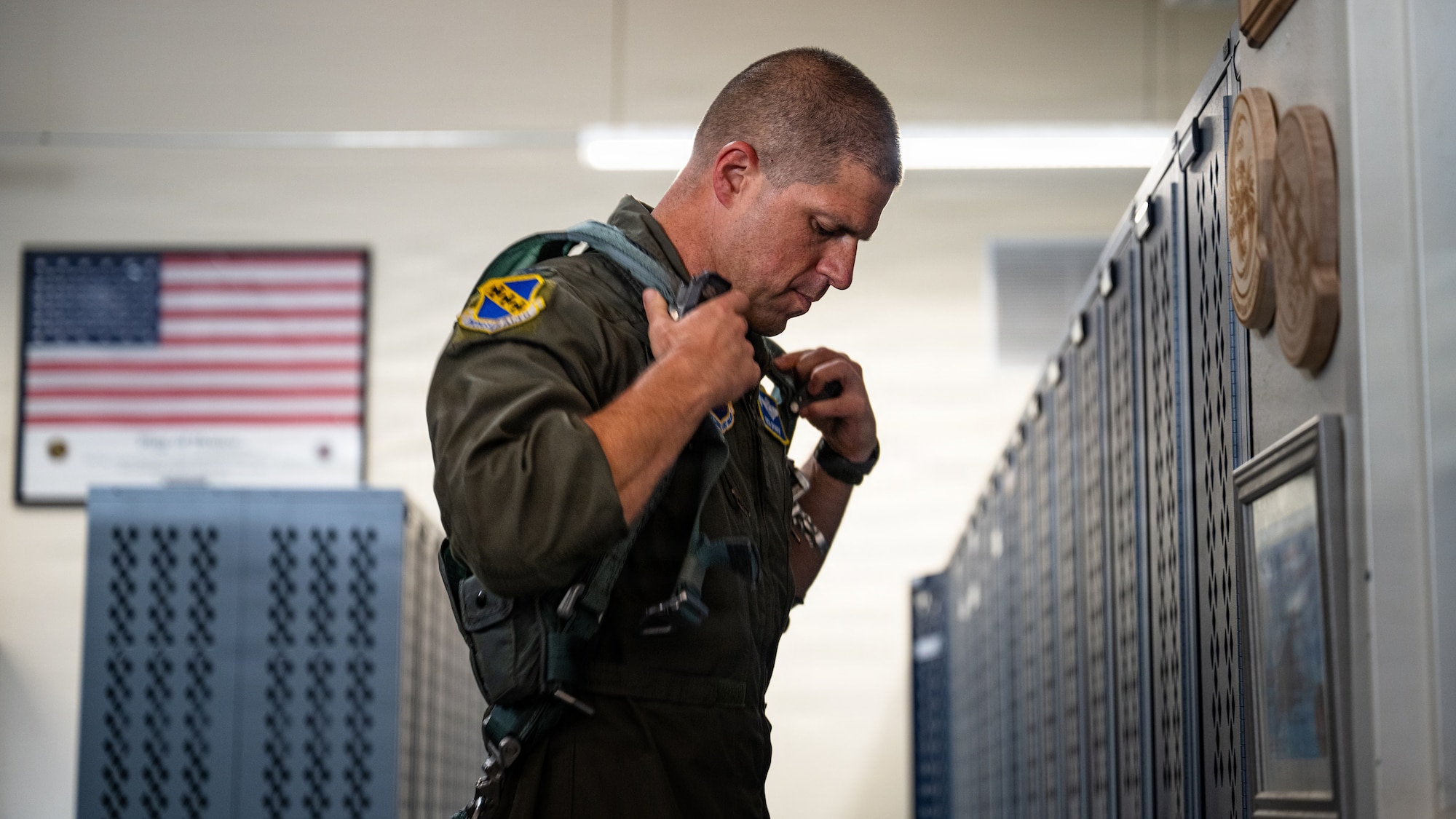 U.S. Air Force Col. Seth Spanier, 7th Bomb Wing commander and B-1B Lancer pilot, prepares for a routine training flight at Dyess Air Force Base, Texas, Sept. 15, 2025. As commander of the Air Force’s largest B-1B wing, Spanier is responsible for the health and welfare of more than 14,500 active-duty members, civilian employees and family members, as well as providing mission-ready B-1B aircraft, aircrew, combat support and Airmen for global taskings. (U.S. Air Force photo by Senior Airman Jade M. Caldwell)