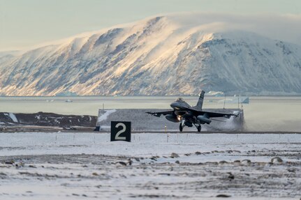 A North American Aerospace Defense Command F-16 Fighting Falcon fighter aircraft from the South Carolina ANG’s 169th FW lands at Pituffik Space Force Base, Greenland, Oct. 7, 2025. Operating in the Arctic provides the flexibility and adaptability needed to overcome logistical hurdles in a dynamic and unforgiving environment. Greenland as part of the Kingdom of Denmark has long played an important role in the defense of North America, which strengthens NORAD's ability to protect the continent from today’s threats and emerging challenges from all approaches. (U.S. Air Force photo by Staff Sgt. Maxim Dewolf)