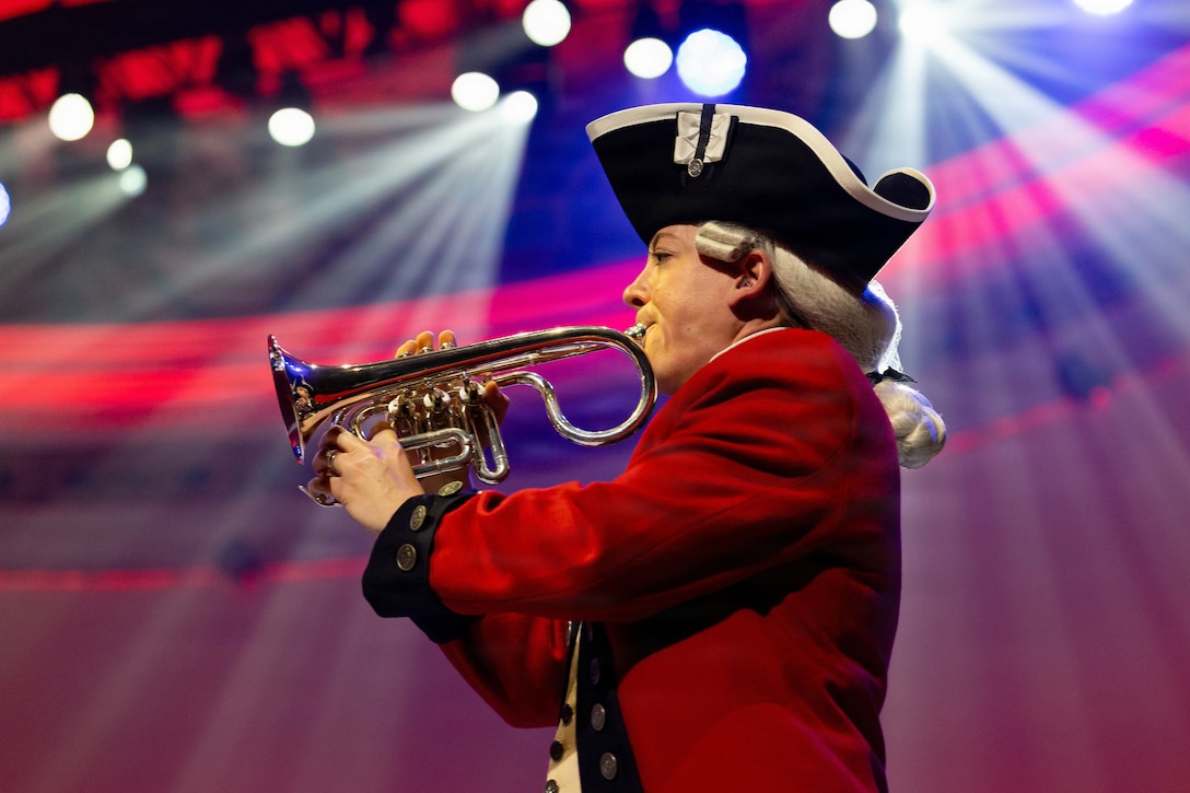 A side view of a soldier in ceremonial dress playing an instrument under red, white and blue lights.