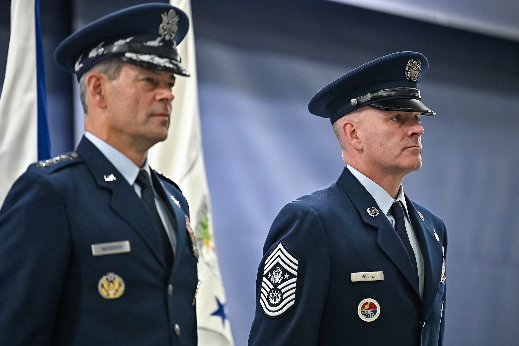 Chief Master Sgt. of the Air Force David Wolfe and Air Force Chief of Staff Gen. Ken Wilsbach stand during Wolfe’s assumption of responsibility ceremony on Joint Base Andrews.
