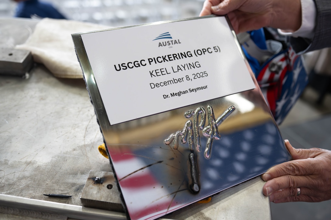 A close-up of the tig weld that was placed during the Coast Guard Cutter Pickering (OPC 5) keel laying ceremony for the first Heritage-Class Offshore Patrol Cutter in Mobile, Alabama, Dec. 8, 2025. The OPC program is intended to replace the Coast Guard’s medium endurance cutter class while providing support to the national security cutters and fast response cutters.