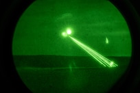 A CH-47 engages in an aerial gunnery at night, Fort Bragg, N.C. Aug. 18, 2025. Aerial gunnery provides crews with valuable hands on experience, enhancing the battalion's operational readiness. Gunnery provides crews with valuable hands-on experience, enhancing the battalion's operational readiness. (U.S. Army photo by Sgt. Eli Baker)