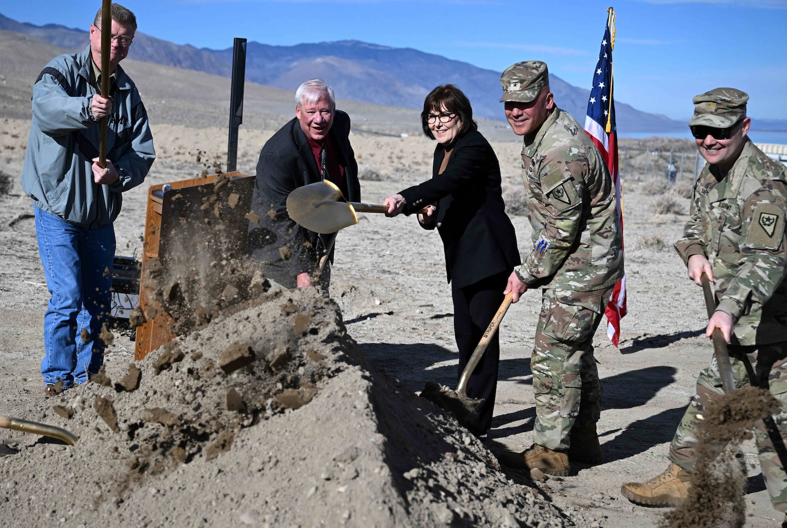 U.S. Sen. Jacky Rosen and Rep. Mark Amodei and Nevada Land Component Commander, Brig. Gen. Randy Lau breaks ground for the new Nevada Army National Guard Qualification Training Range during a ceremony held in Hawthorne, Nev., Dec. 5, 2025. The new range will allow Nevada Soldiers to meet military marksmanship standards without having to leave the state — finally giving Nevada Soldiers access to an in-state Army weapon qualification range that meets Army requisites.