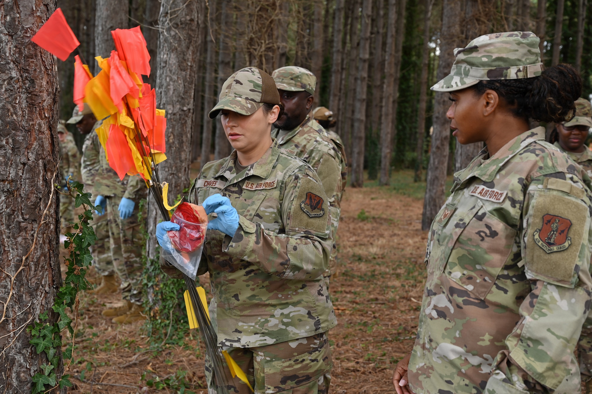 Maryland Air National Guard Master Sgt. Orlany Chaves, a personnelist assigned to the 175th Force Support Squadron, flags a prop body part during a search and recovery training at RAF Mildenhall, England, July 22, 2025. Search and recovery is utilized in the event of a plane crash or a mass casualty incident and helps to find and identify missing persons as well as objects at the scene of the event. (U.S. Air National Guard Photo by Staff Sgt. Alexandra Huettner)