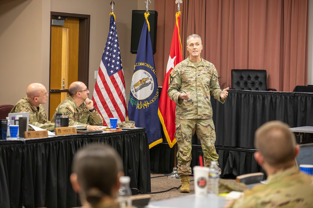 U.S. Army Col. John Harvey, G3 for the Kentucky Army National Guard, speaks to senior leaders from the Kentucky National Guard at Kentucky State University in Frankfort, Kentucky, Dec. 1–3, 2025.