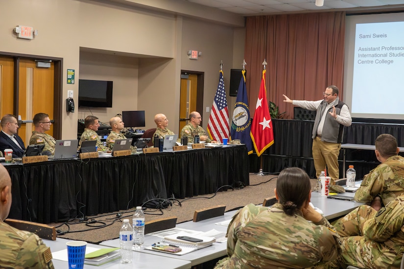 Dr. Sami Sweis, assistant professor of international studies at Centre College, speaks to Kentucky National Guard senior leaders during a conference at Kentucky State University in Frankfort, Kentucky, Dec. 1, 2025.