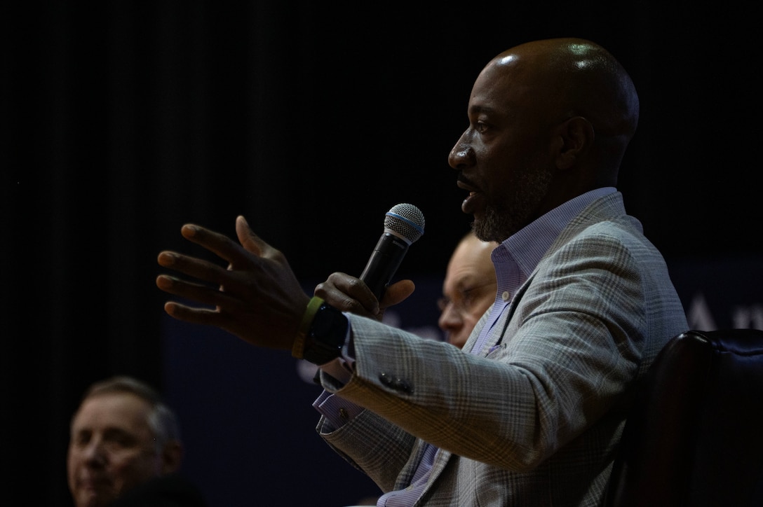 Retired Chief Master Sgt. of the Air Force Kaleth O. Wright speaks during a former CMSAF panel at the base theater at Joint Base Andrews, Maryland, Dec. 8, 2025.