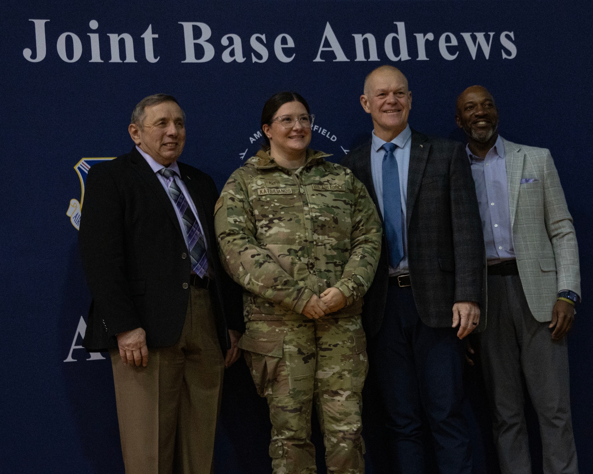 From left, retired Chief Master Sgts. of the Air Force Frederick J. Finch, James A. Roy and Kaleth O. Wright pose for a photo after participating in a former CMSAF panel at Joint Base Andrews, Maryland, Dec. 8, 2025.