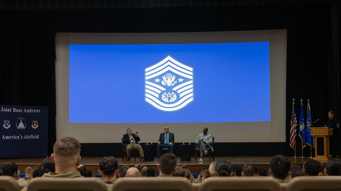 From left, retired Chief Master Sgts. of the Air Force Frederick J. Finch, James A. Roy and Kaleth O. Wright participate in a former CMSAF panel at Joint Base Andrews, Maryland, Dec. 8, 2025.