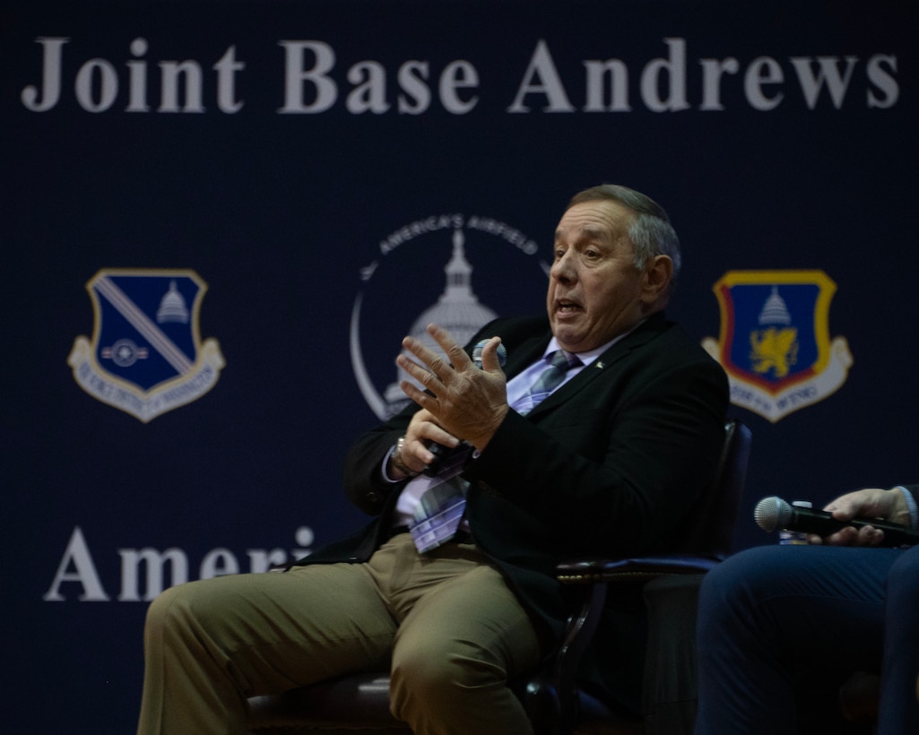 Retired Chief Master Sgt. of the Air Force Frederick J. Finch speaks during a former CMSAF panel at the base theater at Joint Base Andrews, Maryland, Dec. 8, 2025.