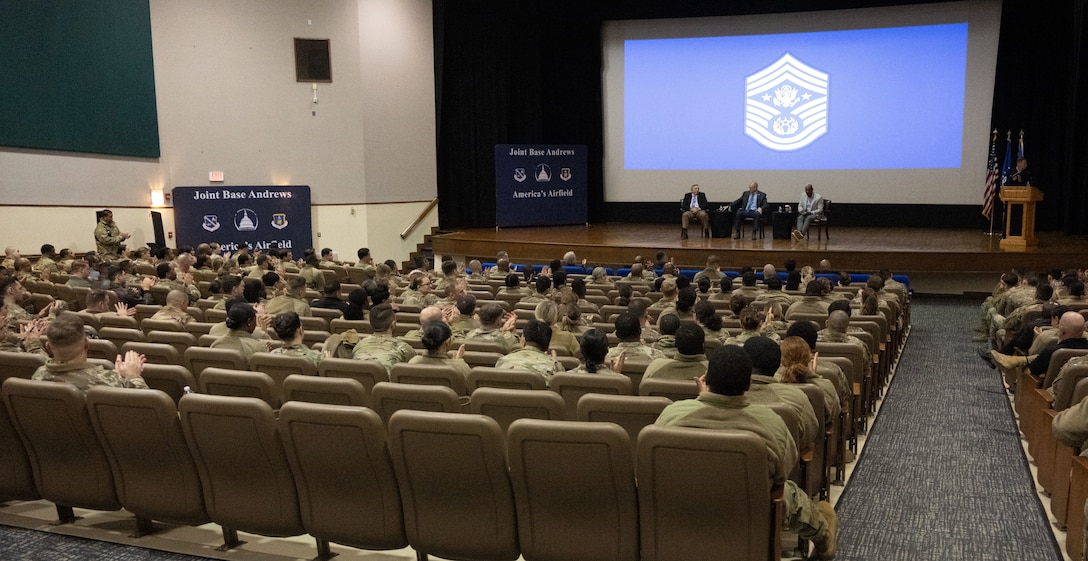 Service and community members attend a former chief master sergeants of the Air Force panel at the base theater at Joint Base Andrews, Maryland, Dec. 8, 2025.