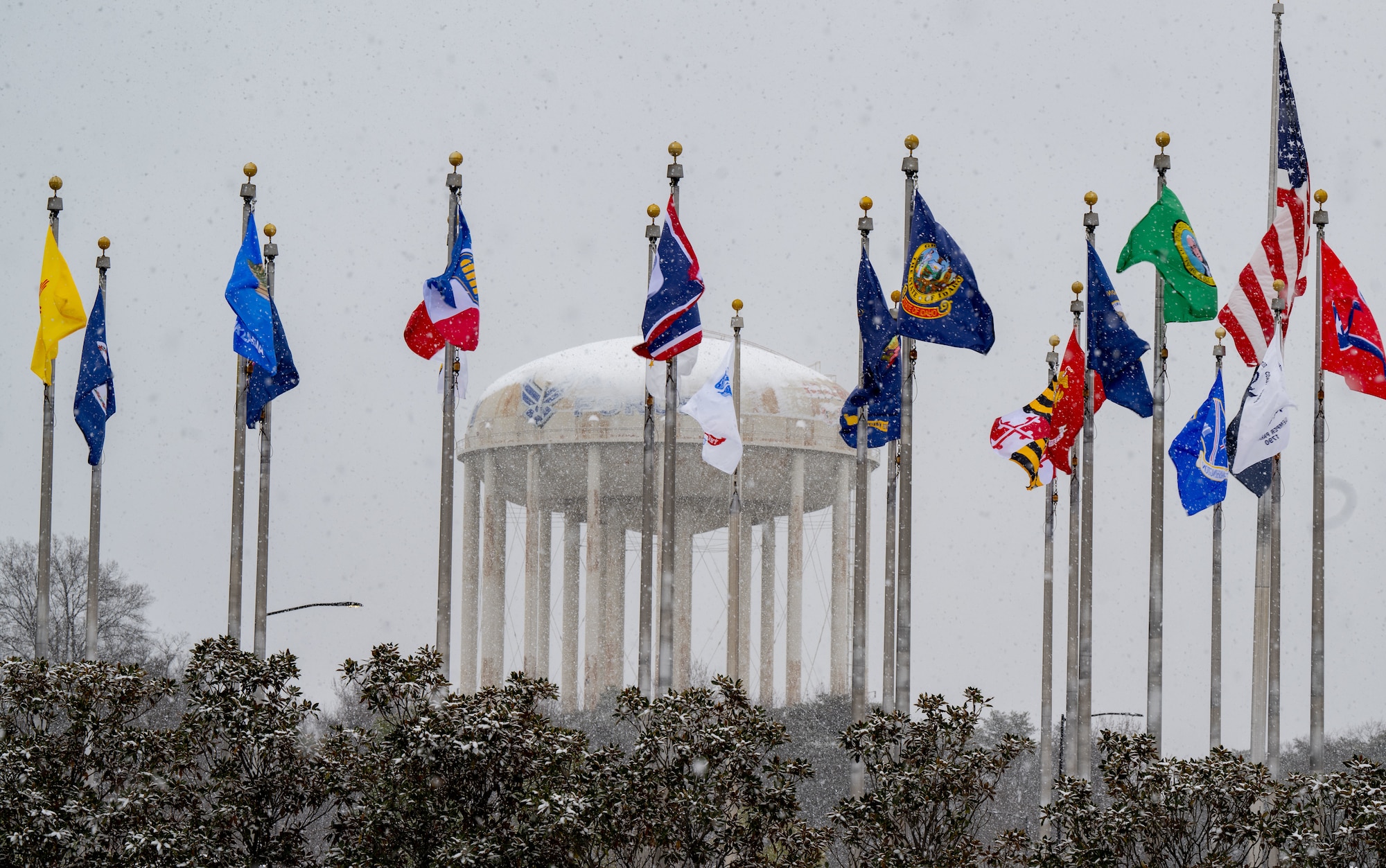 Water tower and flags