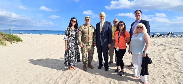 U.S. Army Corps of Engineers Jacksonville District Commander, Col. Brandon Bowman, Chief of Water Resources, Milan Mora and Project Manager for the Palm Beach County Shore Protection Project, Chris McNees, gather with Palm Beach County Commissioner for District 4, Vice-Mayor Marci Woodward, City of Delray Beach Director of Public Works, Missie Barletto and Assistant Director of Public Works, Cynthia Buisson to celebrate the forthcoming renourishment of the Delray Beach Segment, starting in January 2026.