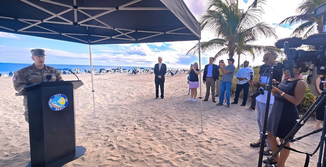Col. Brandon Bowman, Commander of the U.S. Army Corps of Engineers Jacksonville District, addresses the benefits of the next iteration of the Palm Beach County Shore Protection Project, Delray Beach Segment, with engineers, project managers and local representatives from Palm Beach County and the City of Delray Beach during a kickoff event, with beach renourishment work set to kick off in January 2026.