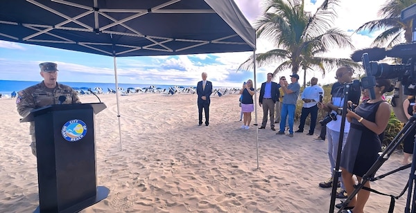 Col. Brandon Bowman, Commander of the U.S. Army Corps of Engineers Jacksonville District, addresses the benefits of the next iteration of the Palm Beach County Shore Protection Project, Delray Beach Segment, with engineers, project managers and local representatives from Palm Beach County and the City of Delray Beach during a kickoff event, with beach renourishment work set to kick off in January 2026.