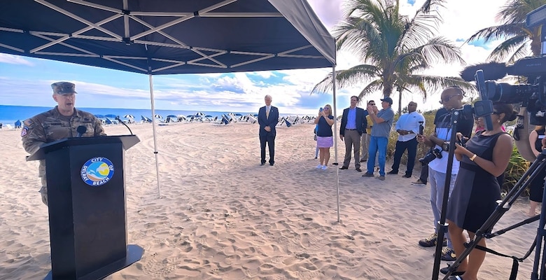 Col. Brandon Bowman, Commander of the U.S. Army Corps of Engineers Jacksonville District, addresses the benefits of the next iteration of the Palm Beach County Shore Protection Project, Delray Beach Segment, with engineers, project managers and local representatives from Palm Beach County and the City of Delray Beach during a kickoff event, with beach renourishment work set to kick off in January 2026.