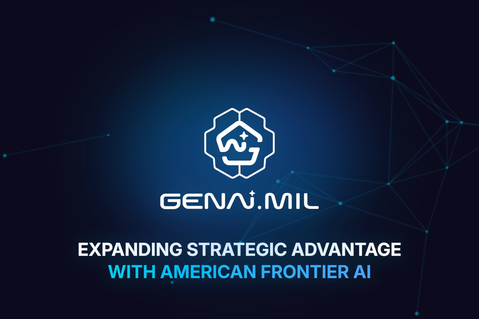 A logo and the words "Expanding Strategic Advantage with American Frontier AI" appear over a backdrop of connected stars.