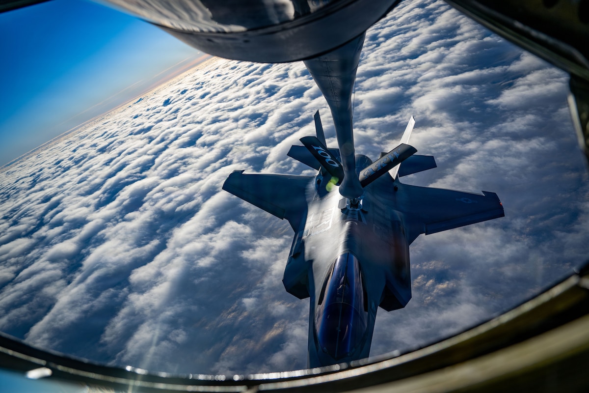 A U.S. Air Force 48th Fighter Wing F-35 Lightning II receives fuel from a 100th Air Refueling Wing KC-135 Stratotanker over the Baltic Sea