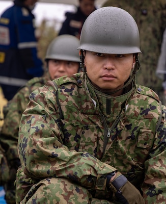 JOGASHIMA PARK, Japan (Nov. 9, 2025) — A Japan Ground Self-Defense Force soldier awaits instructions during a simulated mass-casualty scenario at Big Rescue Kanagawa 2025. The annual exercise is one of Kanagawa Prefecture’s largest disaster-response drills, involving U.S. Naval Hospital Yokosuka, Red Cross Yokosuka and Branch Health Clinic Atsugi personnel working alongside U.S. and Japanese agencies. (U.S. Navy photo by Daniel Taylor/USNMRTC Public Affairs)
